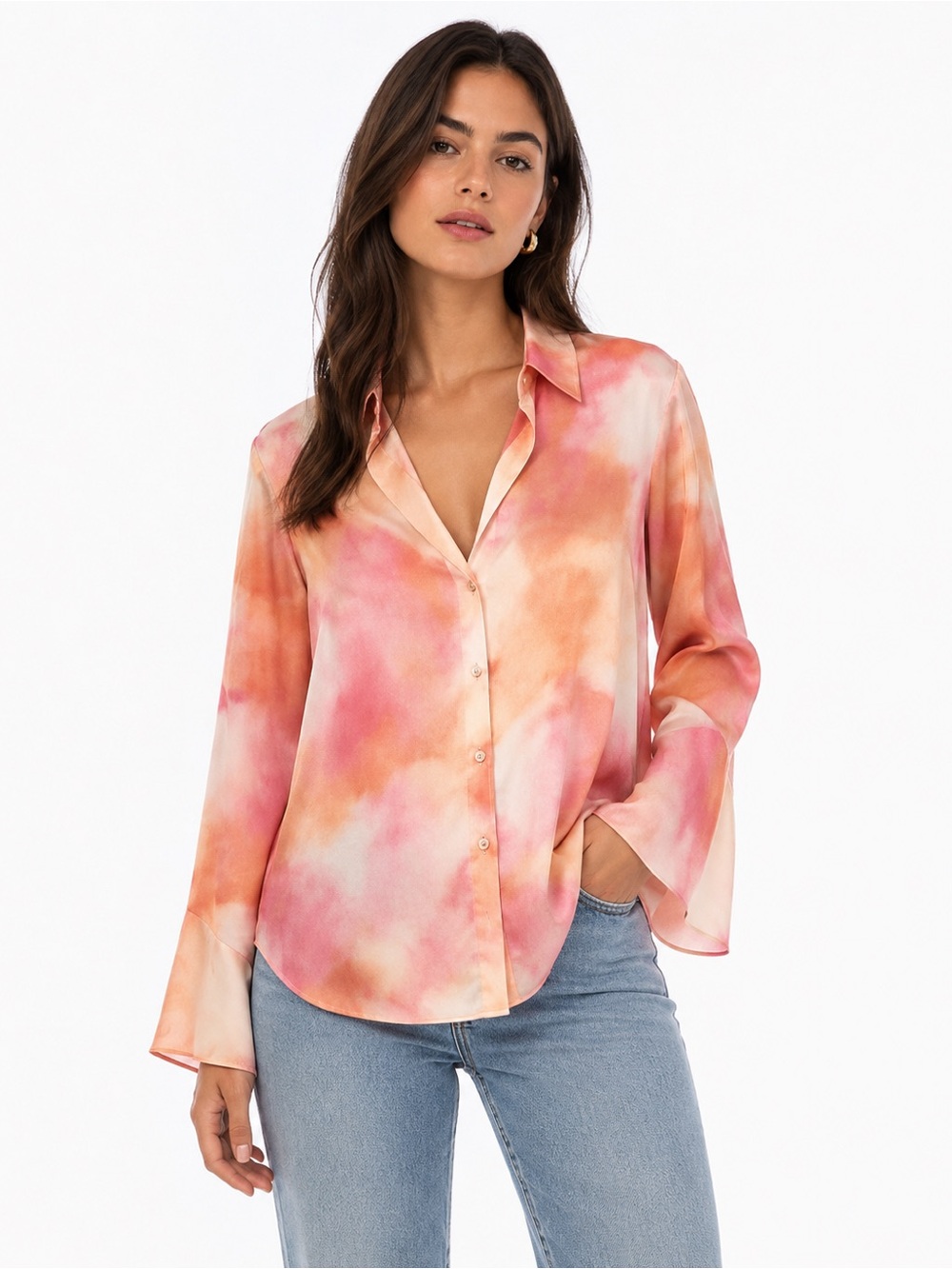 Zara Pink and Orange Tie-Dye Button-Down Blouse